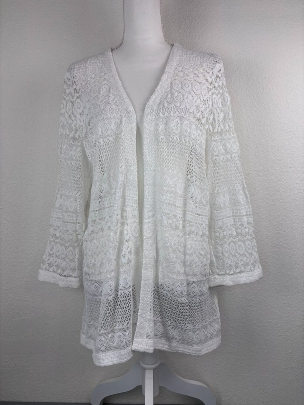Chico's women's 3 XL ivory/white open front crochet lace cardigan boho festival